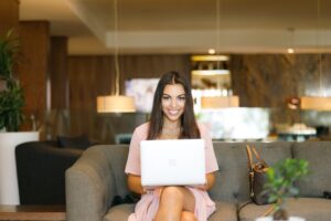 woman working laptop home office