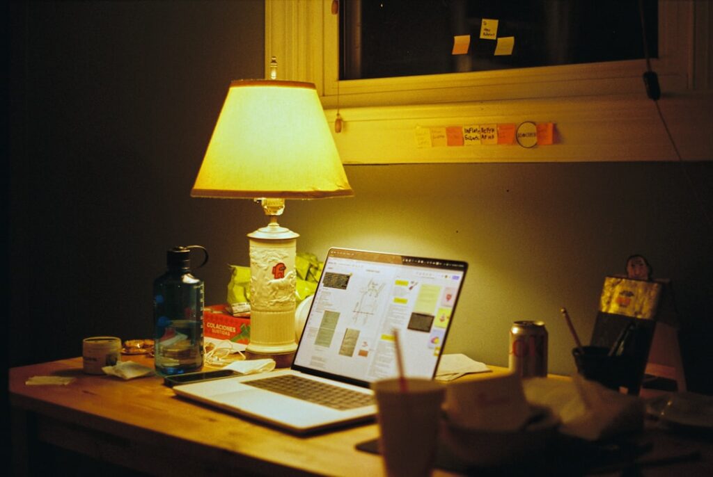 laptop study evening home desk