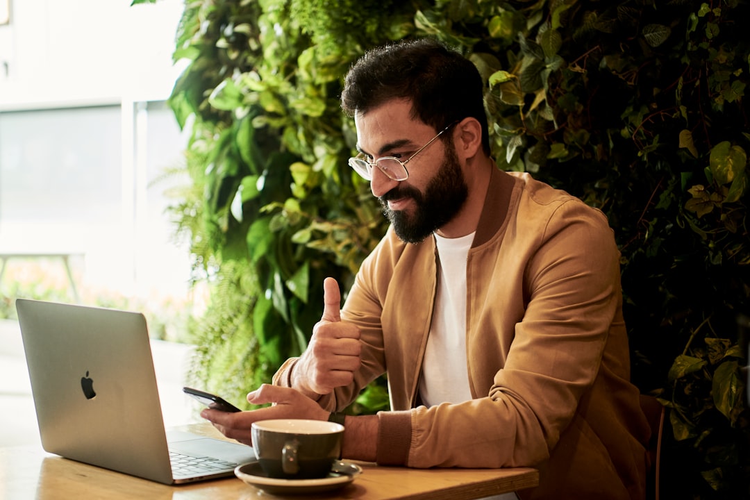 office worker learning laptop confident