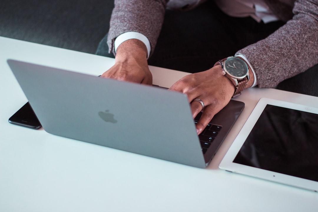 businessman making powerpoint slides laptop