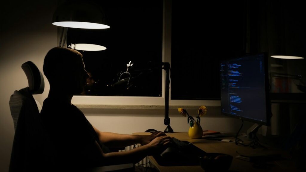 freelance engineer working alone late at night
